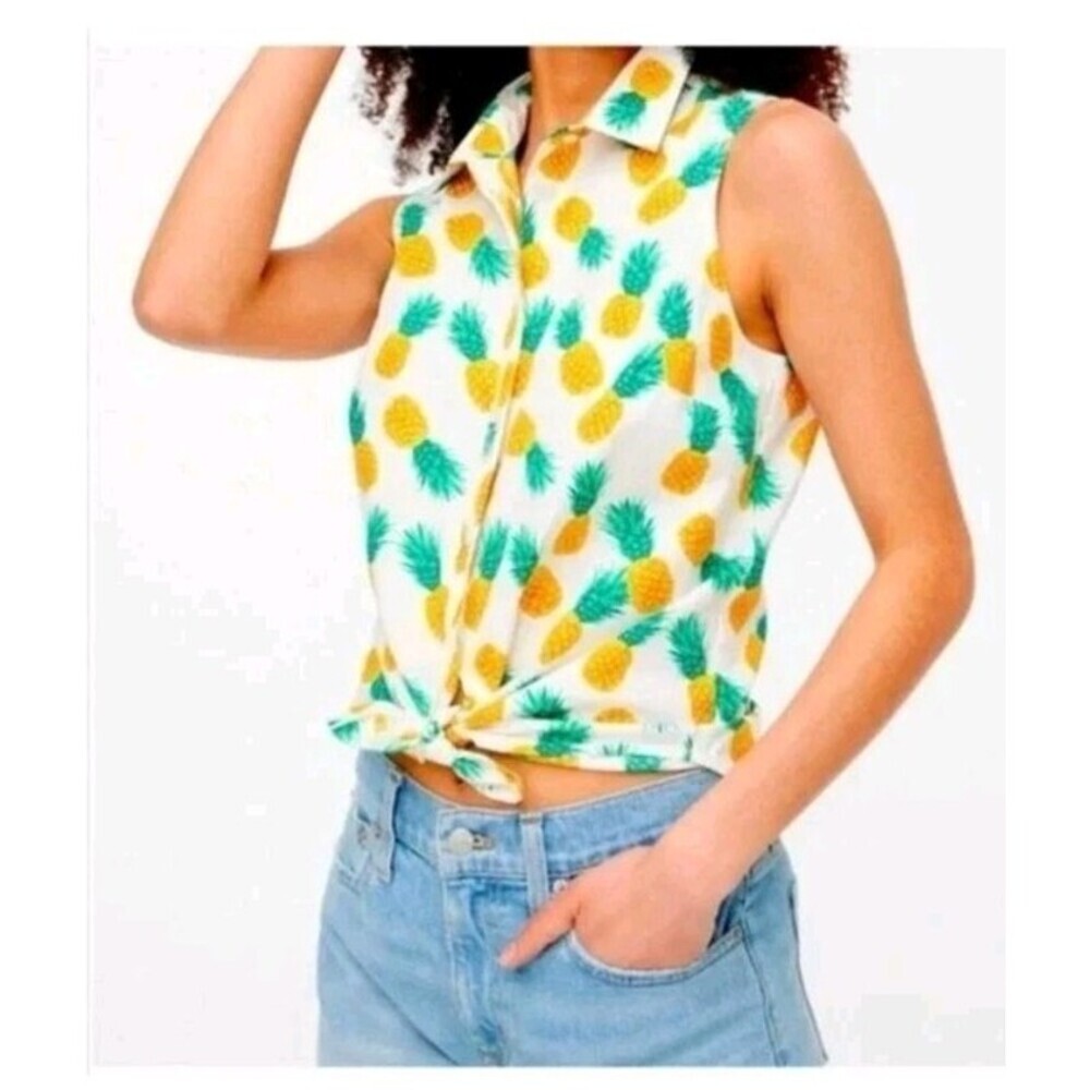 J Crew Tank Top Womens Medium White Pineapple AOP Sleeveless Collared Button Up